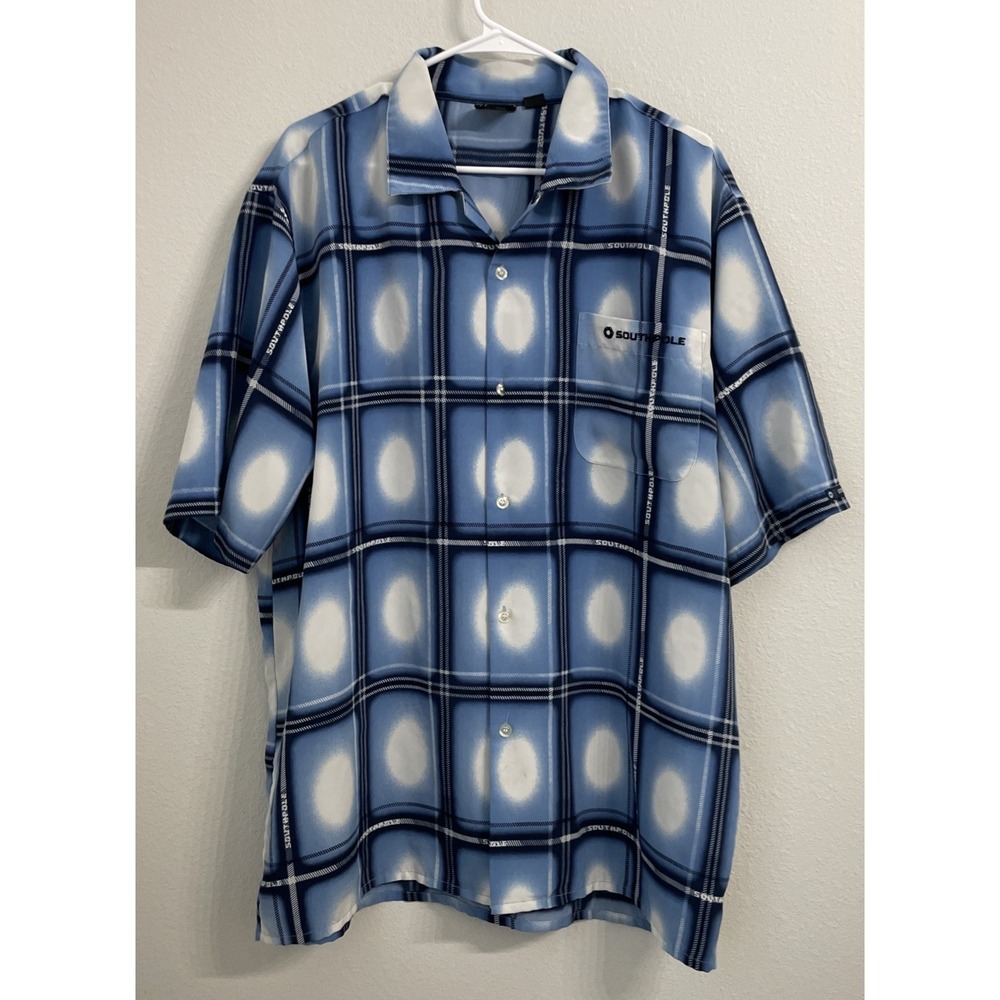 South Pole Mens L Button Down Plaid Polo Blue Short Sleeves